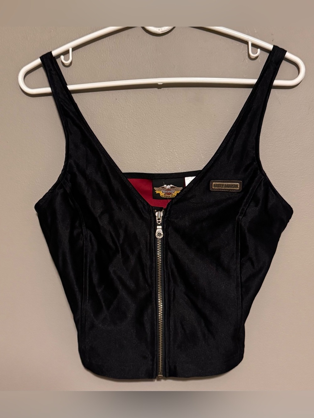 Y2K Harley-Davidson Black Satin Zip Front Biker Tank Top Vest Women’s Med NWT